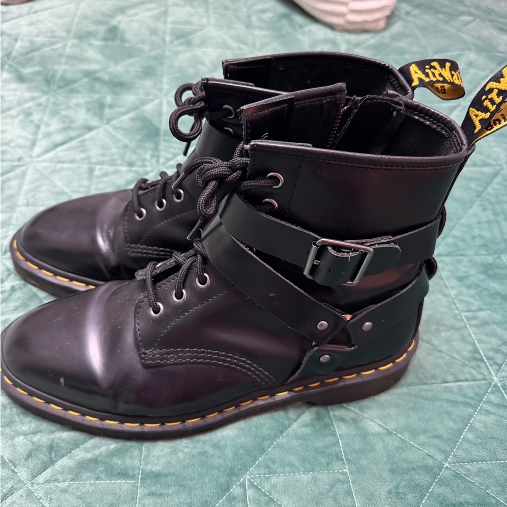 Dr. Martens Black Leather Combat Boots with Yellow Stitching